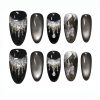 Black Cat Eye Press On Nails Medium Almond | Handmade Silver Foil Dripping Pearl Rhinestone Luxury Fake Nails