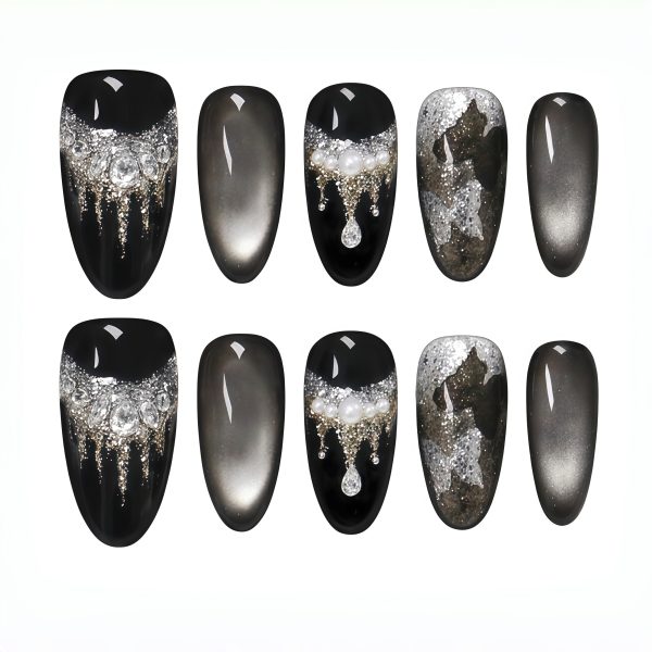 Black Cat Eye Press On Nails Medium Almond | Handmade Silver Foil Dripping Pearl Rhinestone Luxury Fake Nails