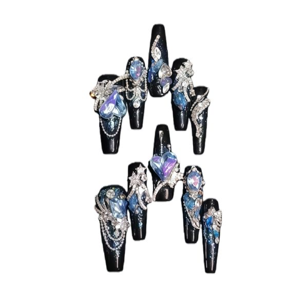 Luxury 3D Blue Heart Crystal Press On Nails Extra Long Coffin | Handmade Sapphire Diamond Bling Black Fake Nails