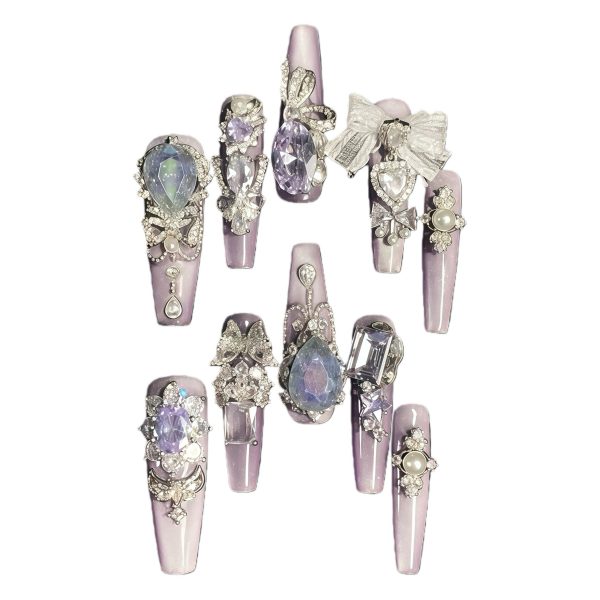 Luxury Purple Opal Press On Nails Extra Long Coffin | Handmade 3D Bow Pearl Diamond Bling Fake Nails