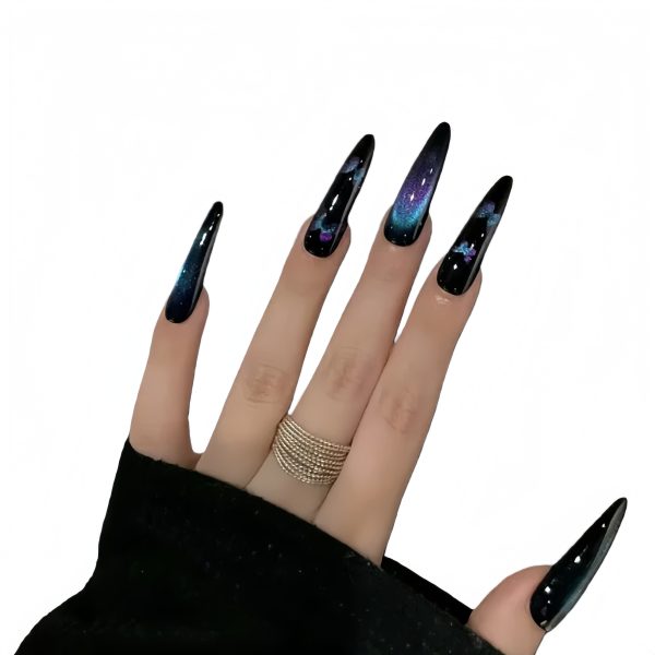 Galaxy Butterfly Cat Eye Press On Nails Extra Long Stiletto | Handmade Blue Purple Magnetic Nail Art