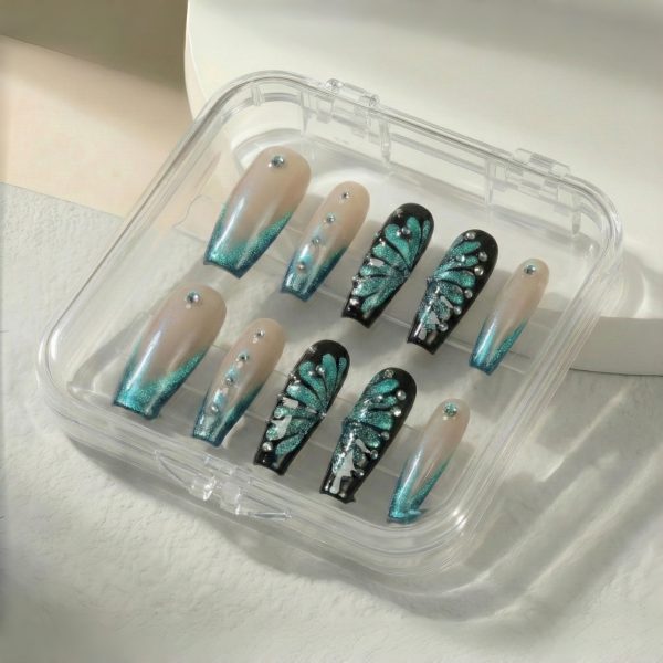 Luxury Teal Butterfly Press On Nails with 3D Glitter & Rhinestones - Long Coffin False Nails Set