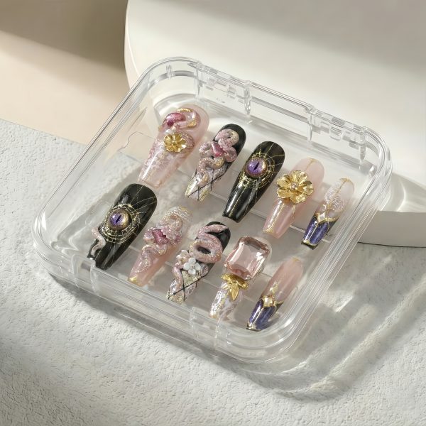 Luxury 3D Snake Press On Nails Extra Long Coffin | Handmade Crystal Dragon Nail Art with Gold Foil & Lace