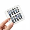 Luxury 3D Blue Heart Crystal Press On Nails Extra Long Coffin | Handmade Sapphire Diamond Bling Black Fake Nails