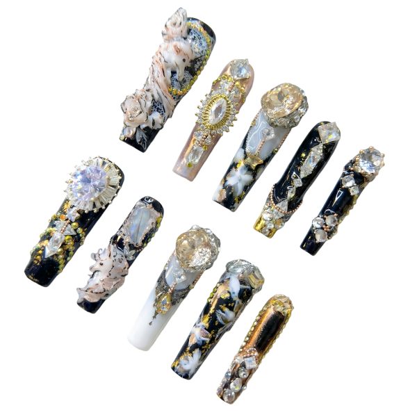 Luxury 3D Baroque Press On Nails Extra Long Coffin | Handmade Gold Black White Floral Crystal Bling Fake Nails