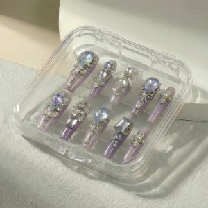 Luxury Purple Opal Press On Nails Extra Long Coffin | Handmade 3D Bow Pearl Diamond Bling Fake Nails