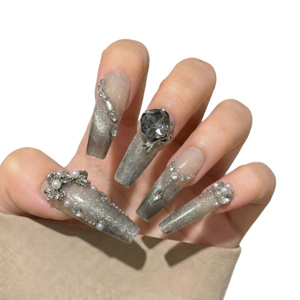 Luxury Silver Gray Cat Eye Press On Nails Short Coffin | Handmade Nude Gradient 3D Crystal Pearl Bling Nail Art
