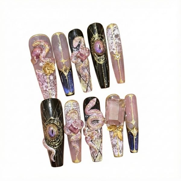 Luxury 3D Snake Press On Nails Extra Long Coffin | Handmade Crystal Dragon Nail Art with Gold Foil & Lace
