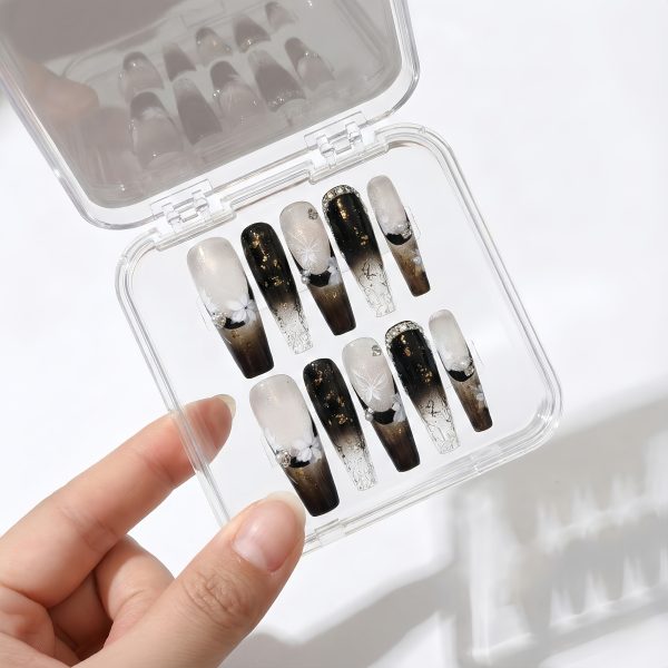 Black Ombre Press On Nails Extra Long Coffin | Handmade White Floral Gold Foil Butterfly Pearl Nail Art