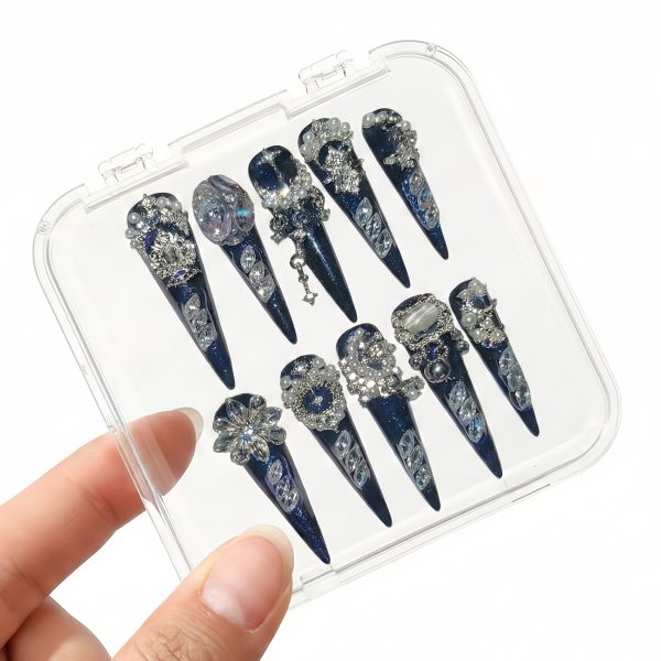 Luxury Navy Blue Galaxy Press On Nails Extra Long Stiletto | Handmade 3D Pearl Crystal Snowflake Bling Fake Nails