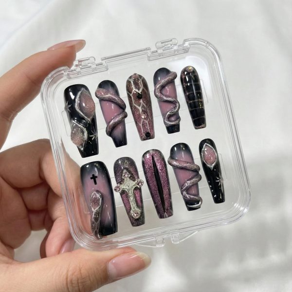 Gothic 3D Snake & Cross Press On Nails Extra Long Coffin | Handmade Black Pink Gradient Serpent Nail Art