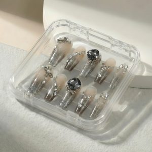 Luxury Silver Gray Cat Eye Press On Nails Short Coffin | Handmade Nude Gradient 3D Crystal Pearl Bling Nail Art