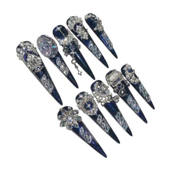 Luxury Navy Blue Galaxy Press On Nails Extra Long Stiletto | Handmade 3D Pearl Crystal Snowflake Bling Fake Nails