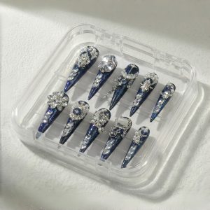 Luxury Navy Blue Galaxy Press On Nails Extra Long Stiletto | Handmade 3D Pearl Crystal Snowflake Bling Fake Nails