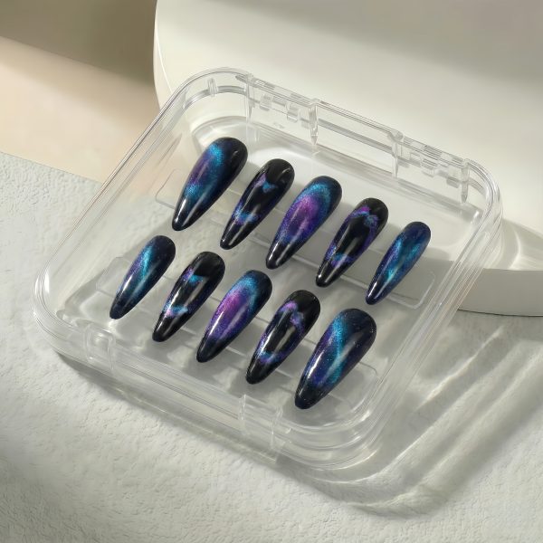 Galaxy Butterfly Cat Eye Press On Nails Extra Long Stiletto | Handmade Blue Purple Magnetic Nail Art
