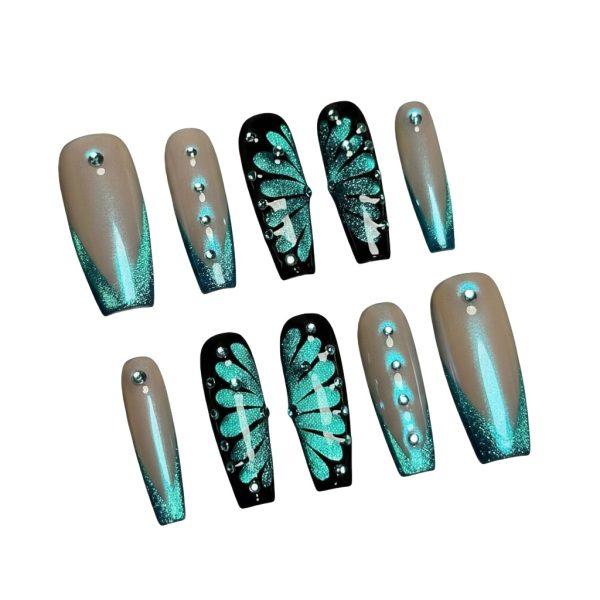 Luxury Teal Butterfly Press On Nails with 3D Glitter & Rhinestones - Long Coffin False Nails Set