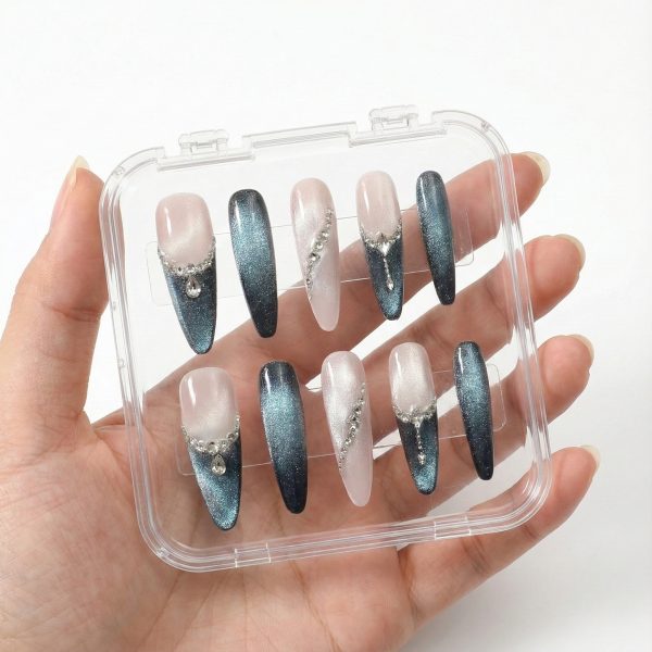 Teal Blue Cat Eye French Press On Nails Extra Long Coffin | Handmade Nude Ombre Crystal Rhinestone Nail Art