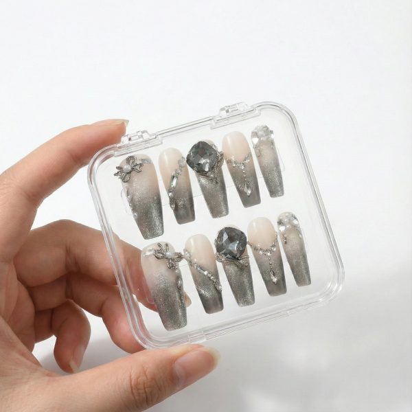Luxury Silver Gray Cat Eye Press On Nails Short Coffin | Handmade Nude Gradient 3D Crystal Pearl Bling Nail Art