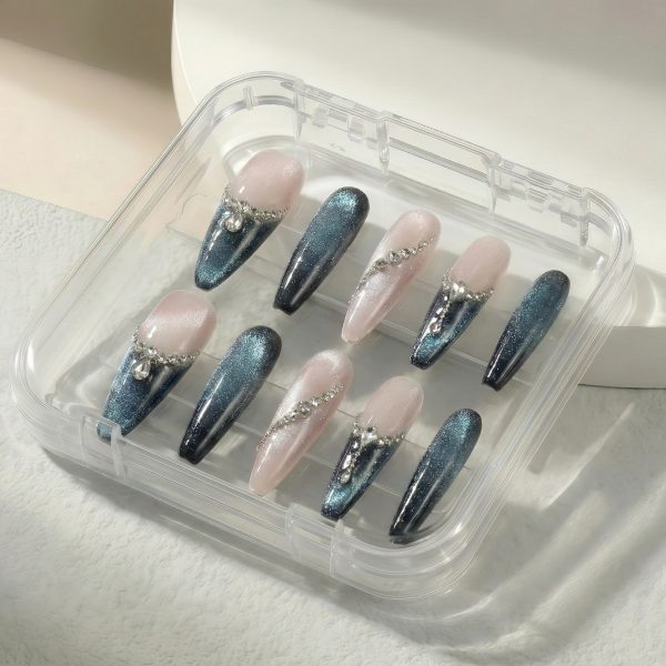 Teal Blue Cat Eye French Press On Nails Extra Long Coffin | Handmade Nude Ombre Crystal Rhinestone Nail Art