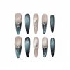 Teal Blue Cat Eye French Press On Nails Extra Long Coffin | Handmade Nude Ombre Crystal Rhinestone Nail Art
