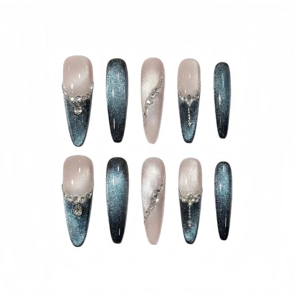 Teal Blue Cat Eye French Press On Nails Extra Long Coffin | Handmade Nude Ombre Crystal Rhinestone Nail Art