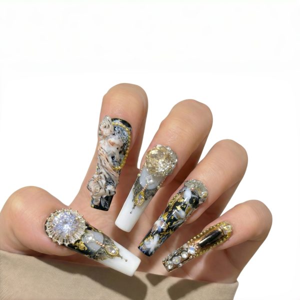 Luxury 3D Baroque Press On Nails Extra Long Coffin | Handmade Gold Black White Floral Crystal Bling Fake Nails