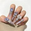Luxury Lilac Purple Press On Nails Extra Long Stiletto | Handmade 3D Ribbon Bow Opal Crystal Pearl Bling Fake Nails
