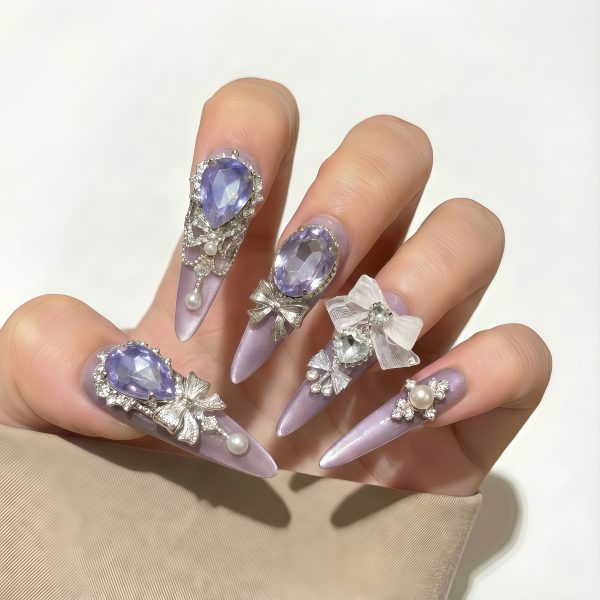 Luxury Lilac Purple Press On Nails Extra Long Stiletto | Handmade 3D Ribbon Bow Opal Crystal Pearl Bling Fake Nails