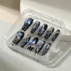 Luxury 3D Blue Heart Crystal Press On Nails Extra Long Coffin | Handmade Sapphire Diamond Bling Black Fake Nails