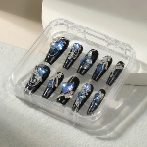 Luxury 3D Blue Heart Crystal Press On Nails Extra Long Coffin | Handmade Sapphire Diamond Bling Black Fake Nails