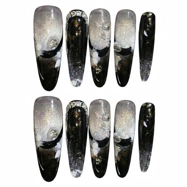 Black Silver Blooming Gel Press On Nails Medium Almond | Handmade Gold Foil White Floral Marble Nail Art