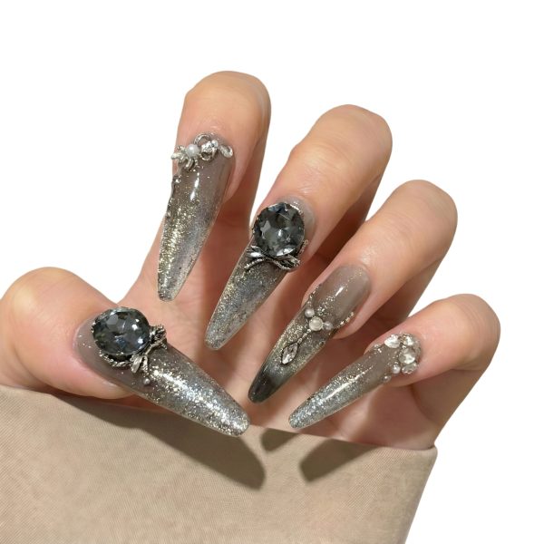 Luxury Smoky Taupe Press On Nails Medium Almond | Handmade Gold Foil Oversized Gray Crystal Pearl Bling Nail Art