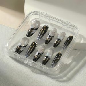 Black Silver Blooming Gel Press On Nails Medium Almond | Handmade Gold Foil White Floral Marble Nail Art