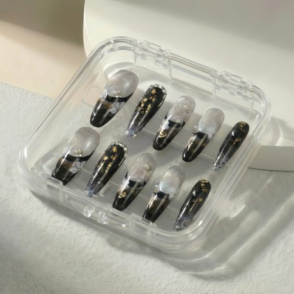 Black Silver Blooming Gel Press On Nails Medium Almond | Handmade Gold Foil White Floral Marble Nail Art