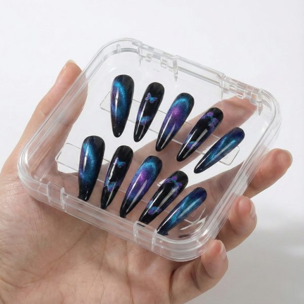 Galaxy Butterfly Cat Eye Press On Nails Extra Long Stiletto | Handmade Blue Purple Magnetic Nail Art