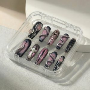 Gothic 3D Snake & Cross Press On Nails Extra Long Coffin | Handmade Black Pink Gradient Serpent Nail Art