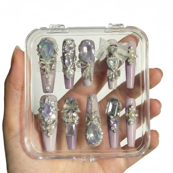 Luxury Purple Opal Press On Nails Extra Long Coffin | Handmade 3D Bow Pearl Diamond Bling Fake Nails