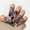 Luxury 3D Blue Heart Crystal Press On Nails Extra Long Coffin | Handmade Sapphire Diamond Bling Black Fake Nails