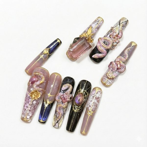 Luxury 3D Snake Press On Nails Extra Long Coffin | Handmade Crystal Dragon Nail Art with Gold Foil & Lace