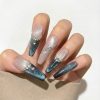 Teal Blue Cat Eye French Press On Nails Extra Long Coffin | Handmade Nude Ombre Crystal Rhinestone Nail Art