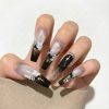 Black Ombre Press On Nails Extra Long Coffin | Handmade White Floral Gold Foil Butterfly Pearl Nail Art