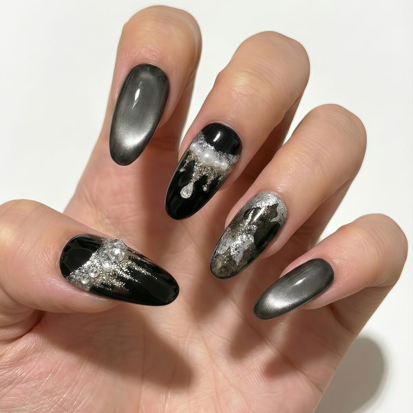 Black Cat Eye Press On Nails Medium Almond | Handmade Silver Foil Dripping Pearl Rhinestone Luxury Fake Nails
