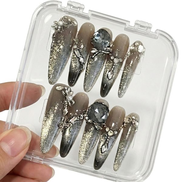 Luxury Smoky Taupe Press On Nails Medium Almond | Handmade Gold Foil Oversized Gray Crystal Pearl Bling Nail Art