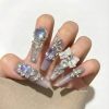 Luxury Purple Opal Press On Nails Extra Long Coffin | Handmade 3D Bow Pearl Diamond Bling Fake Nails