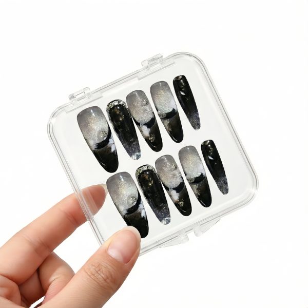 Black Silver Blooming Gel Press On Nails Medium Almond | Handmade Gold Foil White Floral Marble Nail Art