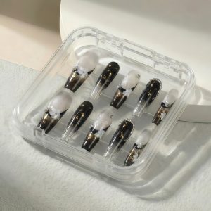 Black Ombre Press On Nails Extra Long Coffin | Handmade White Floral Gold Foil Butterfly Pearl Nail Art