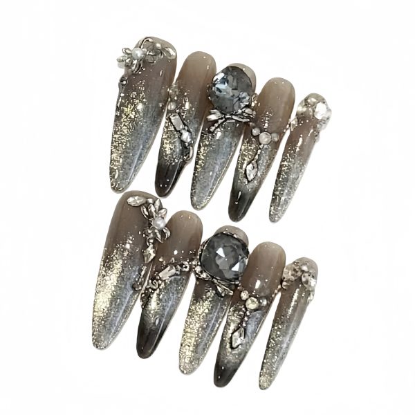 Luxury Smoky Taupe Press On Nails Medium Almond | Handmade Gold Foil Oversized Gray Crystal Pearl Bling Nail Art