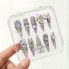 Luxury Lilac Purple Press On Nails Extra Long Stiletto | Handmade 3D Ribbon Bow Opal Crystal Pearl Bling Fake Nails