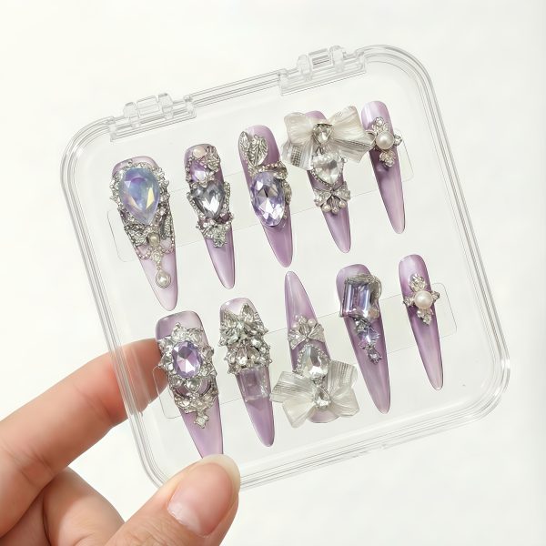Luxury Lilac Purple Press On Nails Extra Long Stiletto | Handmade 3D Ribbon Bow Opal Crystal Pearl Bling Fake Nails