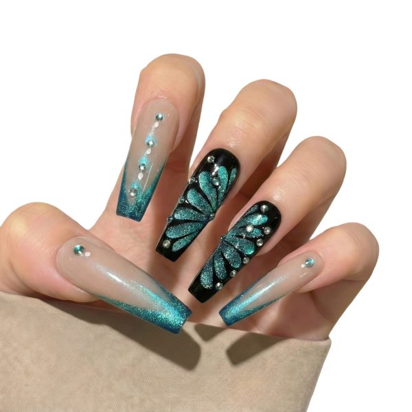 Luxury Teal Butterfly Press On Nails with 3D Glitter & Rhinestones - Long Coffin False Nails Set